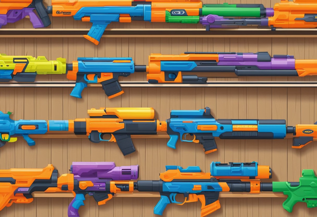 A variety of colorful, budget-friendly Nerf blasters neatly arranged on a shelf, with the latest models prominently displayed. Bright packaging and eye-catching designs draw the viewer's attention