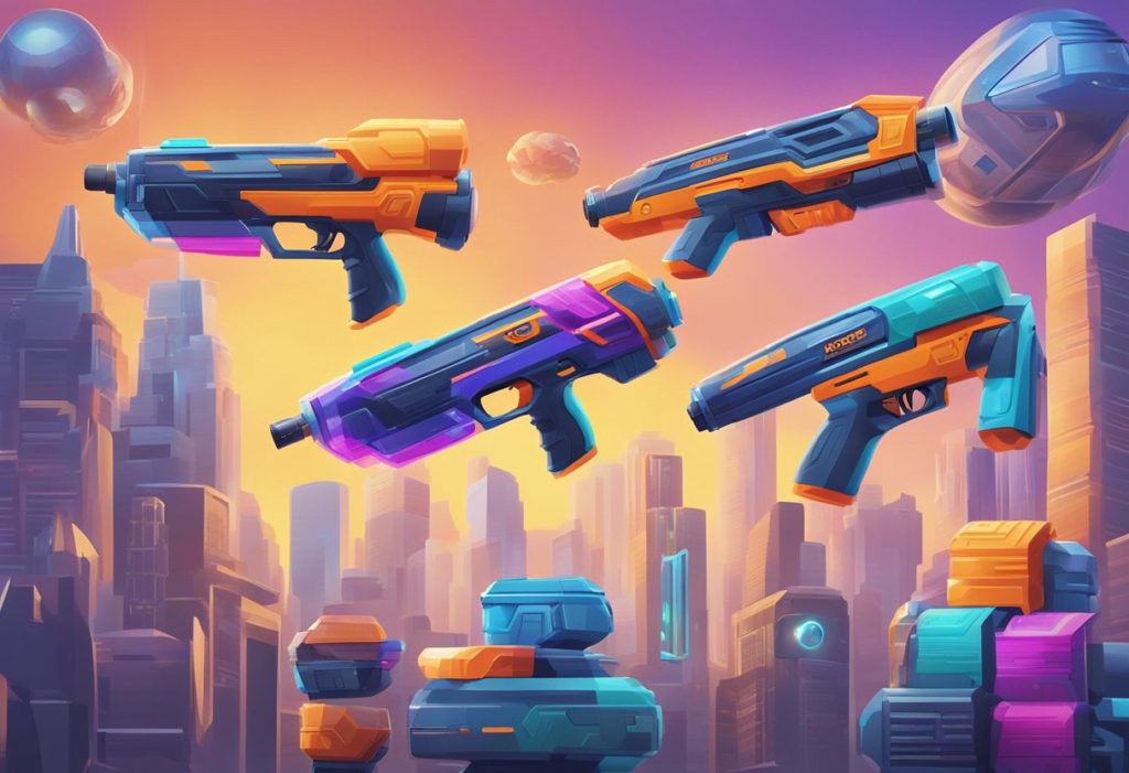A display of Nerf blasters arranged by age group, with colorful packaging and futuristic designs, set against a backdrop of a futuristic cityscape