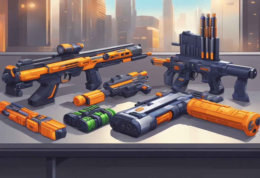 A table displays various Nerf blasters and their accessories. The blasters are arranged neatly, with darts and attachments nearby. The scene is futuristic, with sleek designs and advanced technology