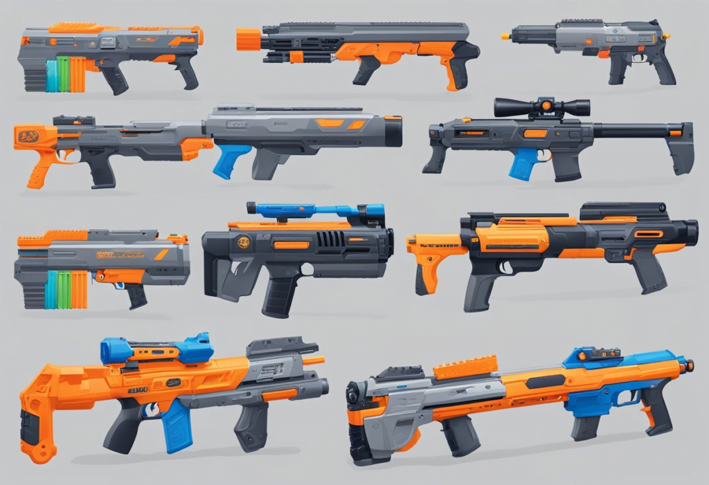 A display of top-rated Nerf blasters, arranged neatly with customer reviews and ratings visible, creating a sense of excitement and anticipation for the best blaster of 2024