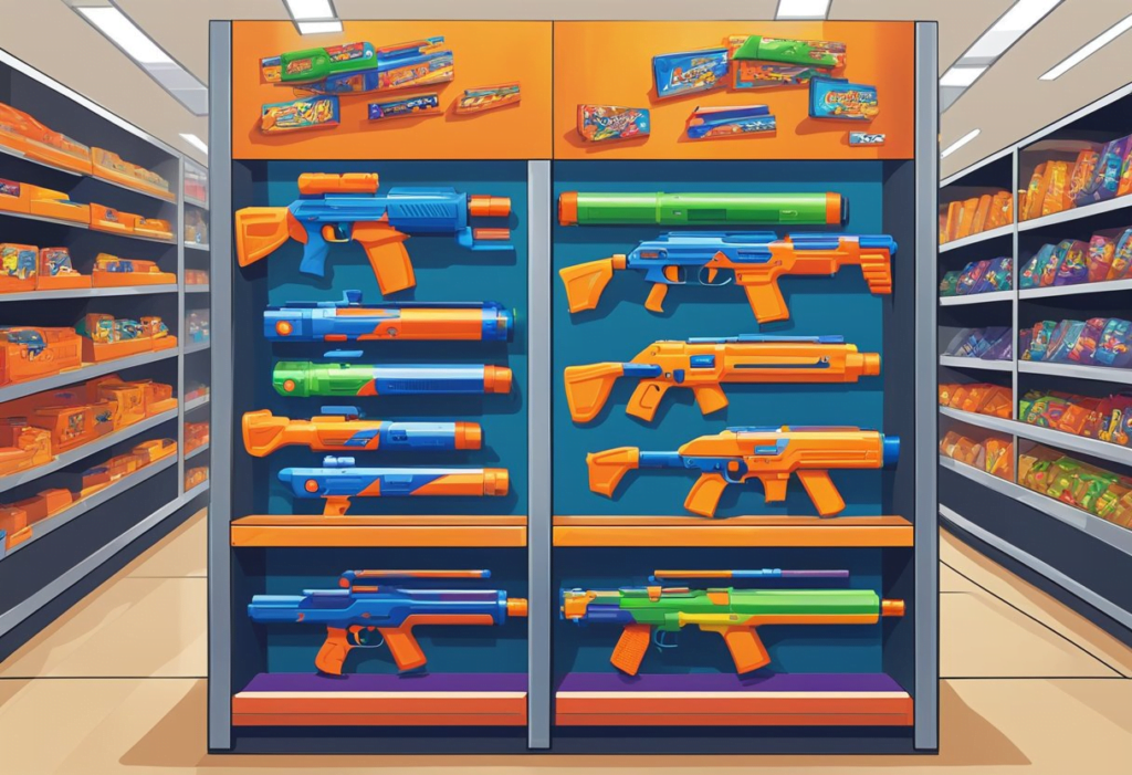 A brightly lit store display showcases the latest Nerf blasters, neatly arranged on shelves with vibrant packaging. A "Best Nerf Blasters in 2024" sign catches the eye, drawing customers in