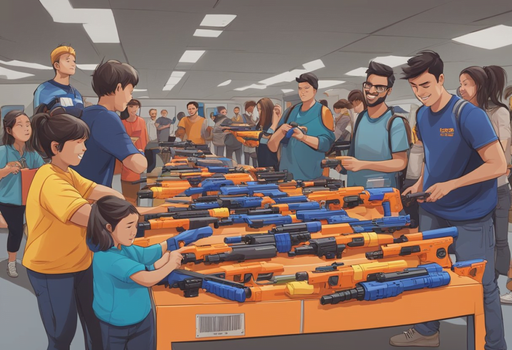 A table displaying various Nerf blasters, with labels and prices, surrounded by excited customers testing out the latest models