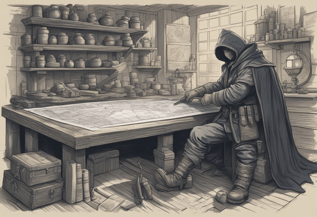 A shadowy figure studies a map of Tonberry King's lair, carefully planning the heist. Tools and disguises are laid out on a table, ready for the daring mission