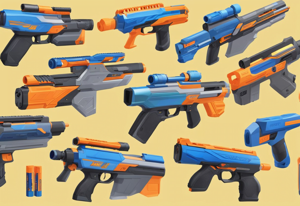 Several Nerf blasters displayed on a table, with their features and specifications listed beside each one. Bright colors and sleek designs make them stand out