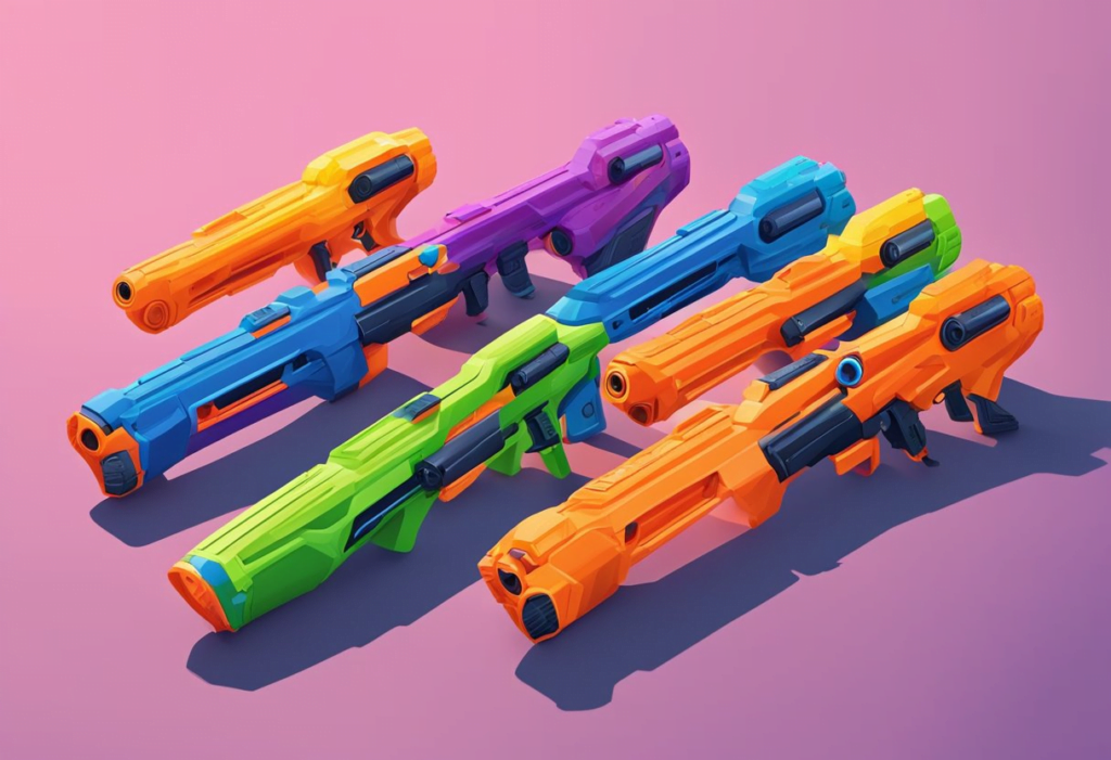 A group of Nerf Blasters lined up on a table, ready for competitive play. Bright colors and sleek designs make them stand out as the best options for 2024