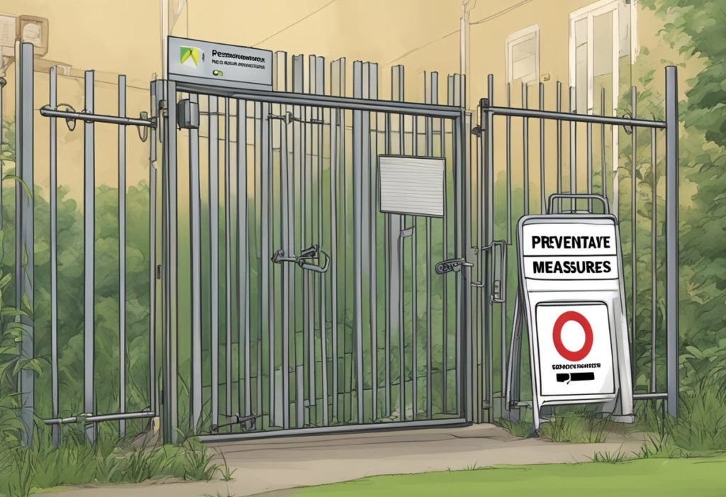 A locked gate with a "Preventative Measures" sign. Nearby, a missing palworld polymer container