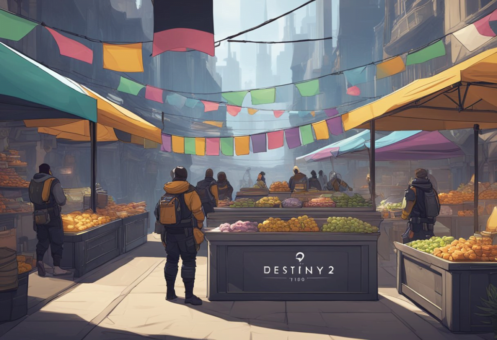 Vendors display challenges for Destiny 2, with colorful banners and signs
