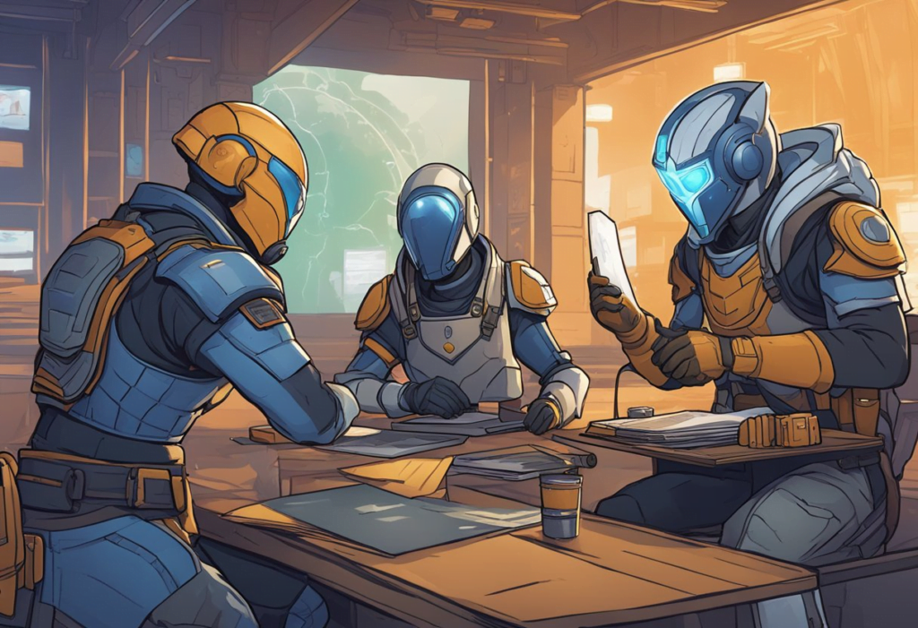 Guardians strategize near Destiny 2 vendor challenges, planning their approach. Vendors offer guidance and rewards for completing tasks
