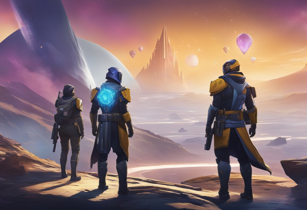 The scene features a dynamic display of seasonal updates and changes in the Destiny 2 vendor challenges, with vibrant colors and a sense of progression