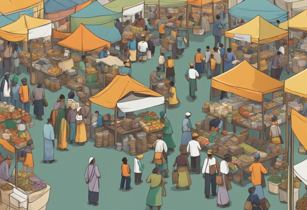 A bustling marketplace with various vendors selling tools and resources, while community members gather to take on challenges and exchange goods