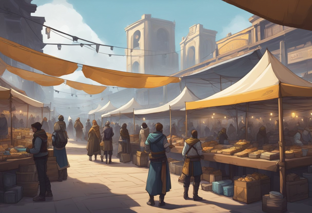 A bustling marketplace with vendors displaying various challenges for Destiny 2 players. Signs and banners advertise the frequently asked questions about the challenges