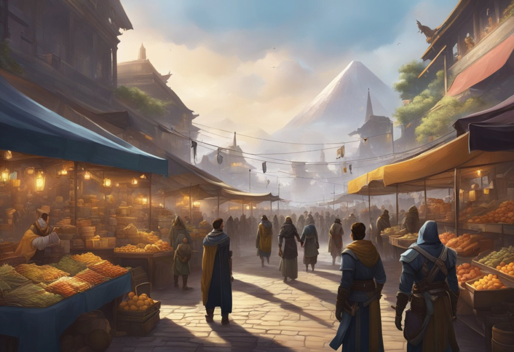A busy marketplace with various vendors selling goods, each displaying challenges and quests for Destiny 2 players. The atmosphere is bustling with activity as guardians browse the offerings