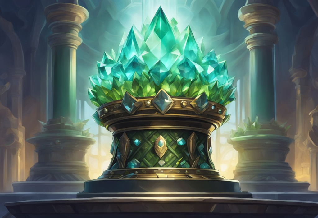 The Tonberry King's crown sits atop a pedestal, surrounded by glowing crystals and guarded by menacing Tonberries