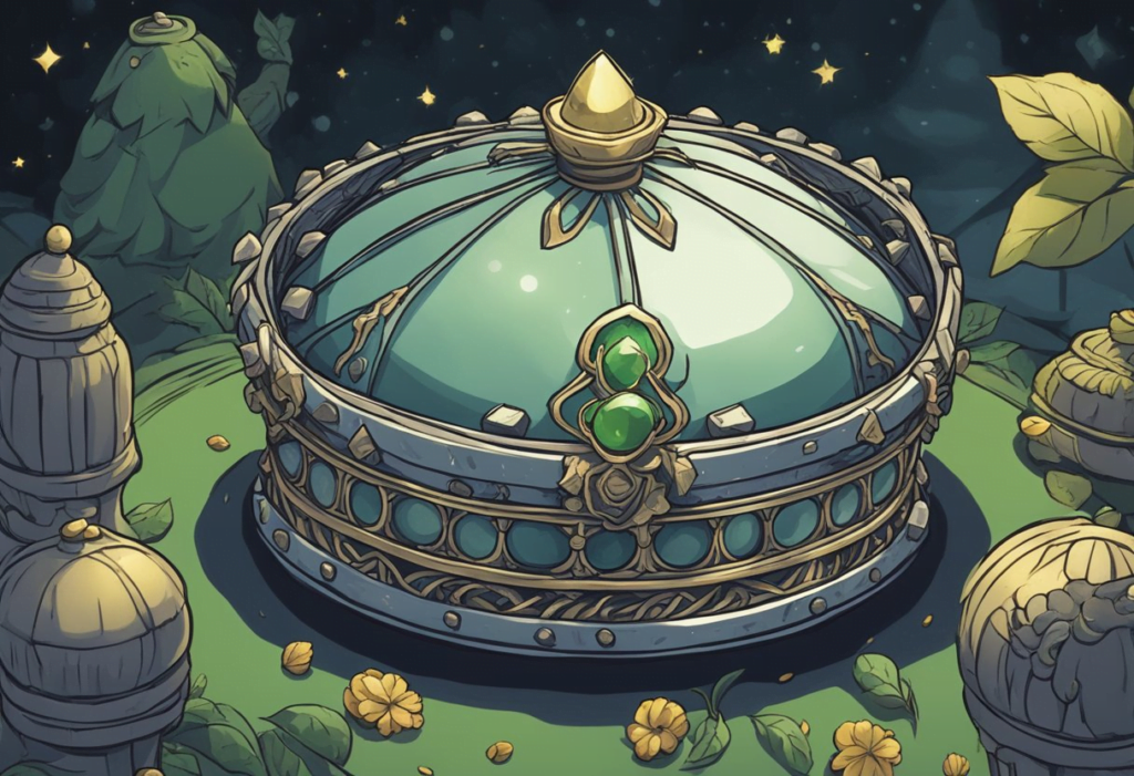 The Tonberry King's crown glints in the moonlight as it is carefully removed from its display case. The thief's hands carefully lift it, ready to make their escape