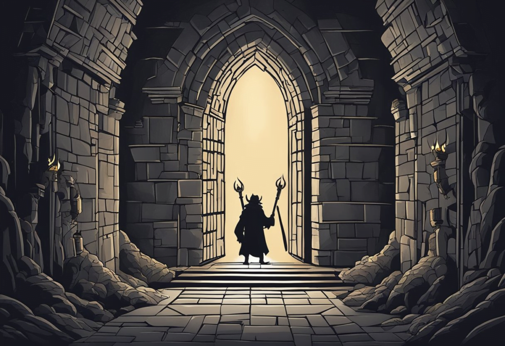 A dark, maze-like dungeon with stone walls and torches. A large, ominous door at the end guarded by menacing creatures