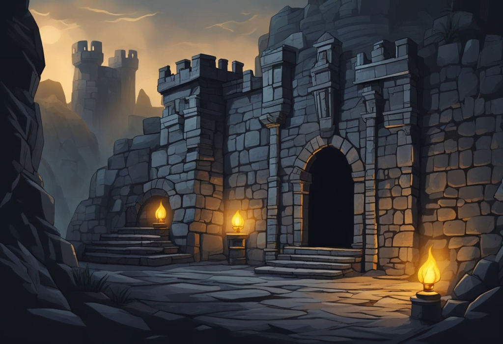 A dark, eerie dungeon with stone walls and torches flickering. A sense of mystery and danger looms as the entrance beckons exploration
