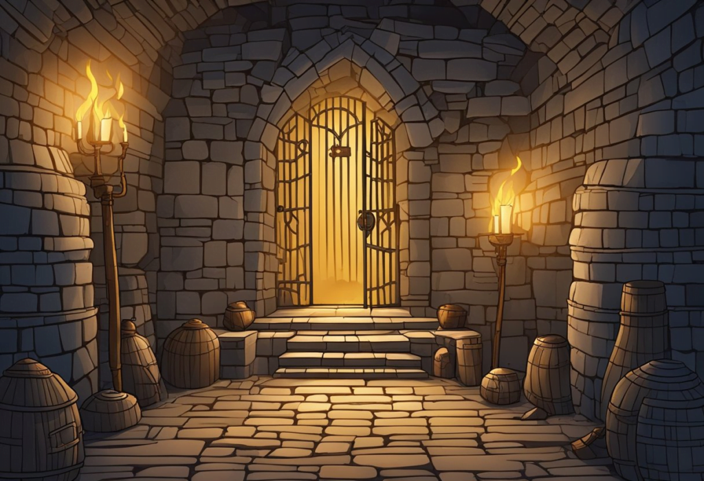A dimly lit dungeon with stone walls, torches, and a central chamber. Multiple paths lead to locked doors and hidden passages