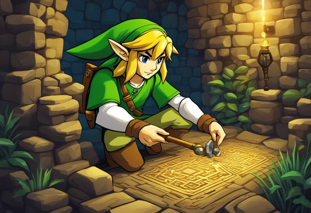 Link solves a puzzle to unlock a hidden passage in the Legend of Zelda dungeon 2
