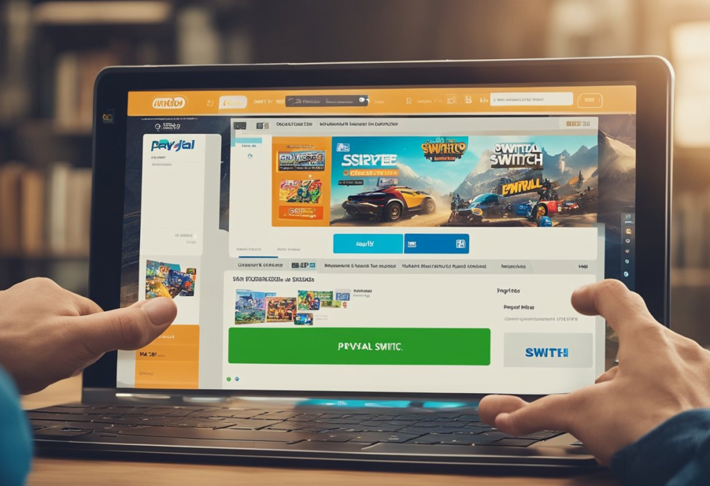 A hand reaches out to a computer screen showing a website with Nintendo Switch games. The PayPal logo is displayed prominently, indicating the ability to make purchases using that payment method