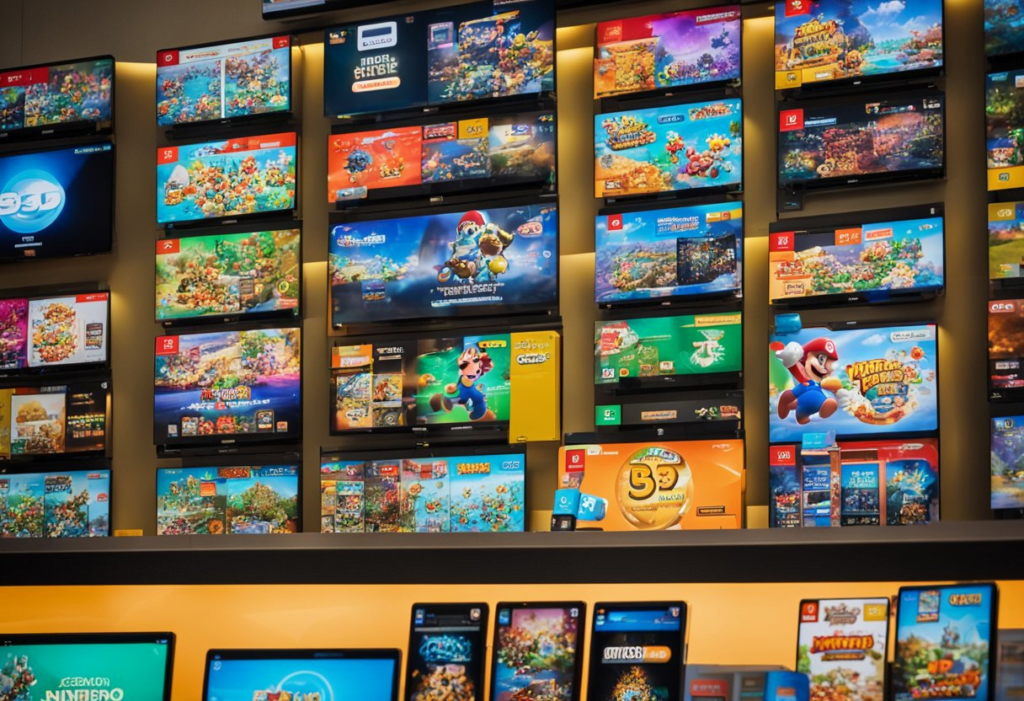 A bustling Nintendo eShop, showcasing a variety of Nintendo Switch games available for purchase with PayPal. Bright colors and engaging displays draw in eager customers