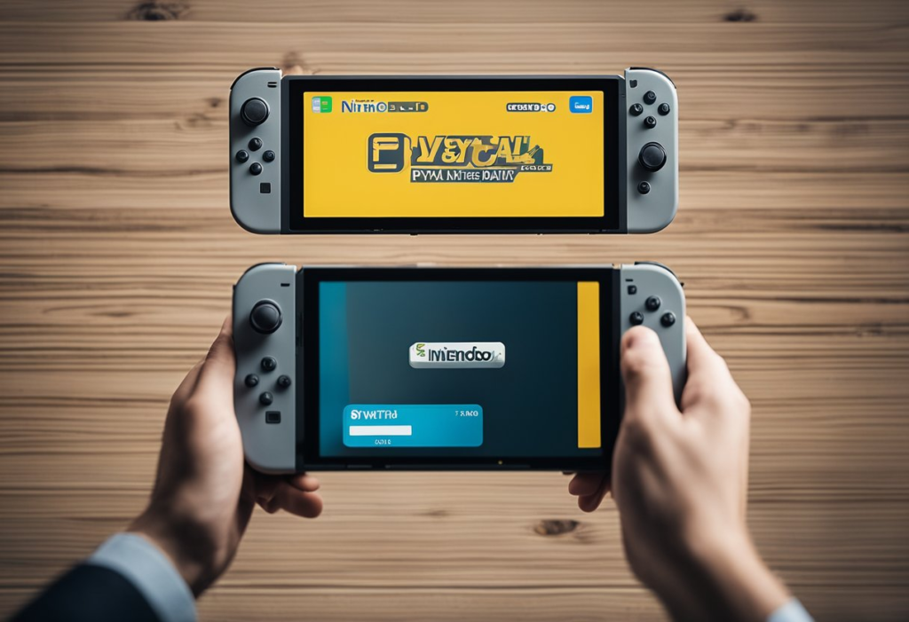A hand holding a Nintendo Switch with various payment options displayed on the screen, including alternatives to PayPal such as credit cards, digital wallets, and direct bank transfers