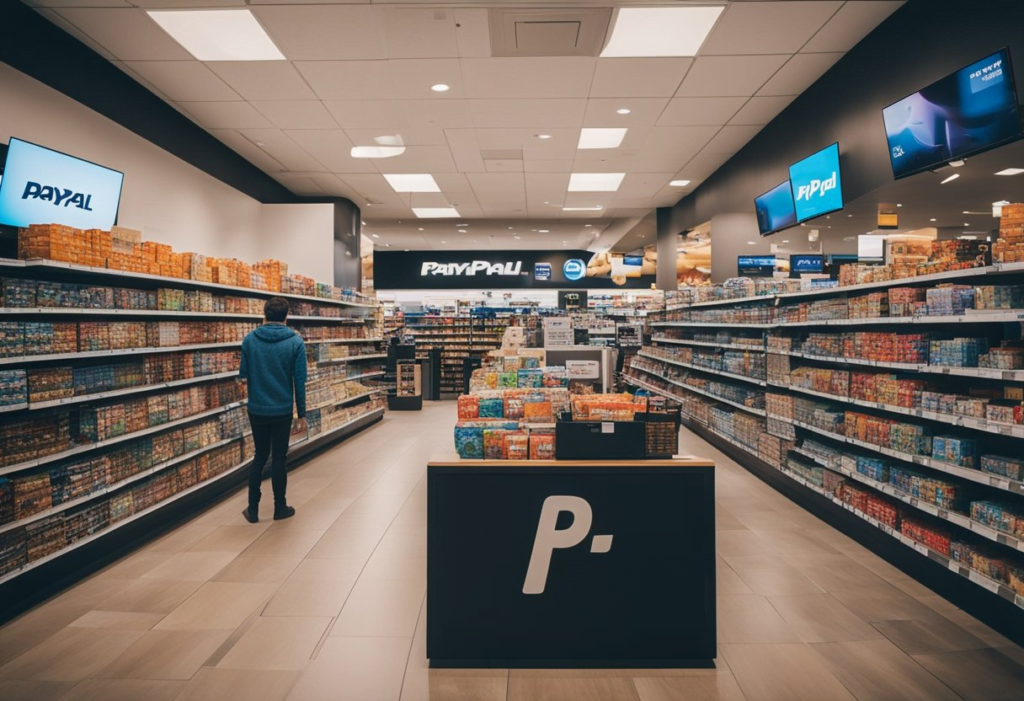 A bustling store with PayPal checkout, shelves lined with Nintendo Switch games, customers browsing and making purchases with ease