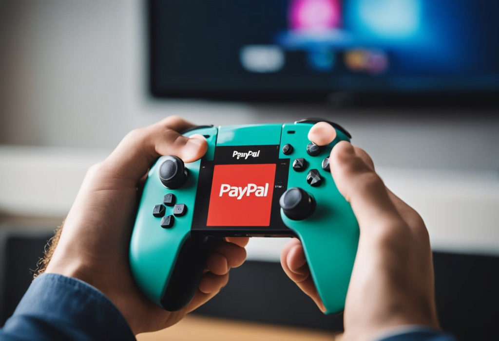 A hand holding a console controller with a PayPal logo on the screen, purchasing Nintendo Switch games with a PayPal account